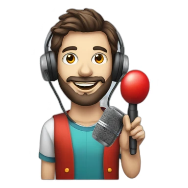 young brunette radio presenter with beard and with radio station  microphone in his hand with his face made up as a clown sticker