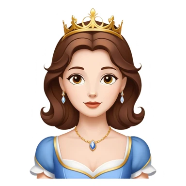 Cinematic Majestic Belle Portrait Emoji, rendered in a clean, vector-style with bold, simplified shapes. Show Belle with a serene, noble expression, fair skin and gracefully styled brown hair, her classic attire refined and understated. The design radiates a majestic, enchanting glow with high shine and a soft glowing outline, embodying royal elegance. sticker
