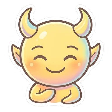 devil emoji, chibi style, holographic effect, iridescent pale yellow and peach, elegant horns, sweet smile sticker