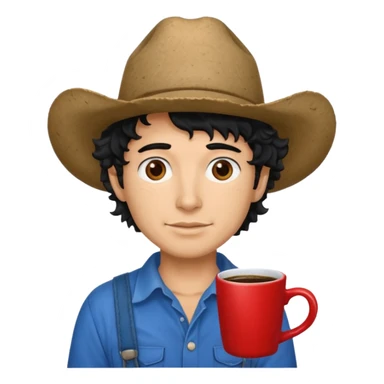 Ranch hand with blue hat and coffee mug, curly black hair, red shirt sticker
