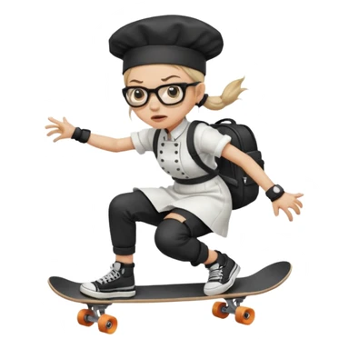 ["An angry woman with light skin, ponytail, wearing a chef hat and square glasses, dressed in goth fashion, is skateboarding while holding a backpack."] sticker