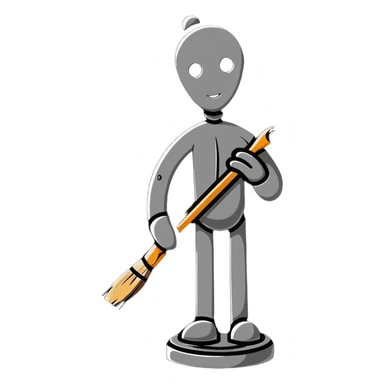 A paintbrush transforming into a 3D metal human silhouette sculpture, symbol of artistic identity, with defined sculptural details sticker