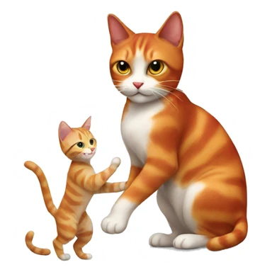 A small tricolour cat playing with a big red cat sticker