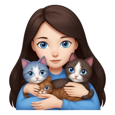 a girl with long dark 
brown hair, with blue eyes, hugs 3 different natural coloured cats sticker