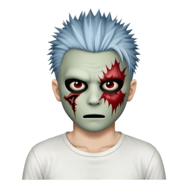 zombie boy with spiky emo hair and white shirt emoji and 

He wears an anonymous mask on half his face and has wounds on the other half. sticker