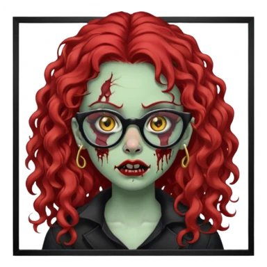zombie girl with long red curly hair, thick lashes, black glasses, gold nose piercings on each nostril, and a gold eyebrow piercing. sticker