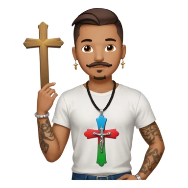 Deci creează mi un emoticon cu un băiat mai creol care are doar o coadă are cercel intr o ureche are tatuaje și barba cioc și mustața și are lanț la gât cu cruce vreau să fie cu totul cu tot cu corp și cercel vreau să aibă doar intr o ureche nu în ambele  sticker