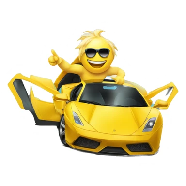 yellow circle with sunglasses and mortaboard stepping out of Supercar pointing towards us with smile sticker
