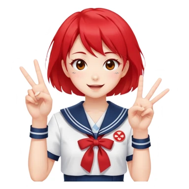 Energetic anime girl with short bright red hair wearing Japanese sailor style school uniform, winking and making double peace signs, very cheerful and bubbly, kawaii style sticker