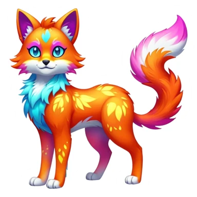 Vibrant multicolored neon-colored Falvie-Fionbri-creature-sparkle-feline-canine-hybrid-fursona, full body sticker