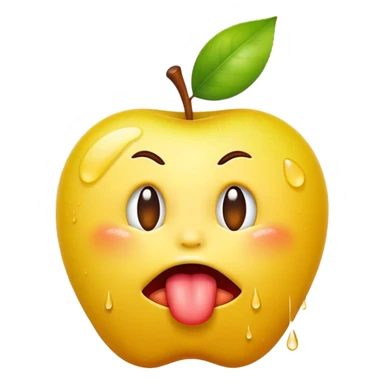 classic yellow apple emoji face, exaggerated pout, tongue out, spit droplets sticker