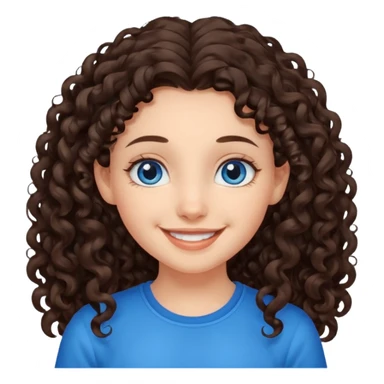 a girl with long dark brown curly hair that starts at the level of her ears, and blue eyes sticker