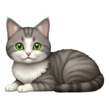 full body tiny short hair dark grey and white cat with white front legs and green eyes lying down sticker