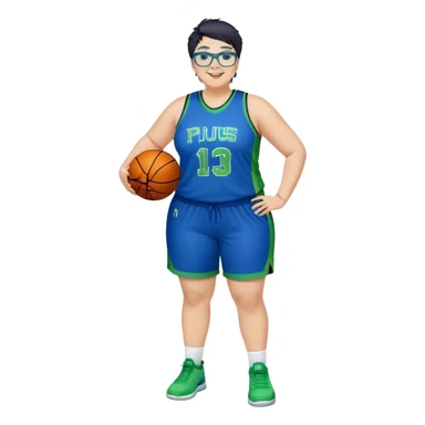 Full Body plus size white female basketball player with short dark hair with highlights spike hair wearing blue glasses  wearing blue green uniform smiling sticker