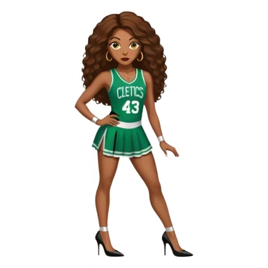 A 48-year-old black woman with brown eyes, long brown baylaige hair dressed in sexy 
celtics jersey costume outfit and stilettos  sticker