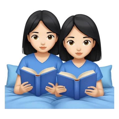 two asian girls black hair on the bed reading blue books sticker