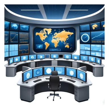 Cinematic mission control center, massive curved video walls with complex telemetry and glowing data visualizations, symmetrical high-tech workstations, dim blue and amber ambient lighting, sharp focus, hyper-realistic, atmosphere of absolute precision. sticker