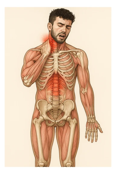 Uomo con dolore per infortunio vista anatomica in piedi con dolori cervicali sticker