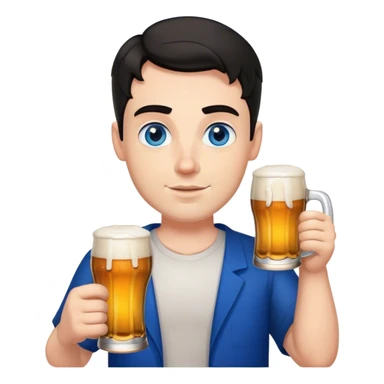 white guy thick eyebrows blue eyes with short wavy black hair holding beer sticker