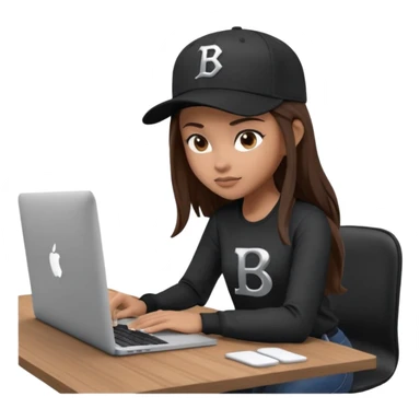 A professional 3D avatar of a young woman with light brown skin and long, dark brown hair, wearing a dark, long-sleeved shirt and a black baseball cap with a prominent white 'B' logo. She's sitting at a sleek wooden desk, typing on a silver MacBook. sticker