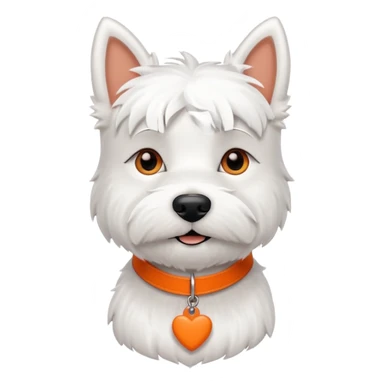 Westie with an orange collar and bone shaped name tag sticker