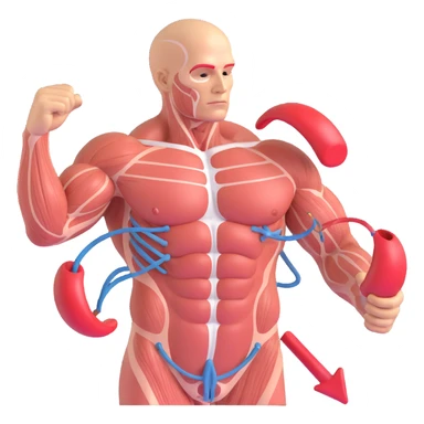 muscles with very low oxidative capacity, fat molecules around struggling to enter, realistic 3D style, anatomical details, transparency effect showing muscle fibers and molecules, red arrows indicating difficulty, clinical atmosphere, white background sticker