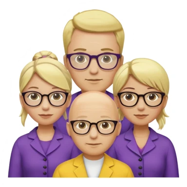 FIVE person team; 2 men and 3 women.  All dressed in yellow or purple.  2 caucasian women have blonde and 1 has ash blonde hair tied up.  1 man is black and bald, 1 man is caucasian and very little hair left.  All have glasses sticker