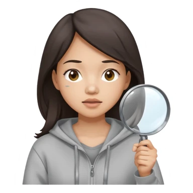 A brunette asian woman wearing hoodie holding a large magnifying glass and squinting at something to intently sticker
