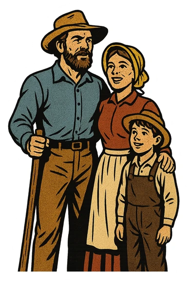 The full bodies of a pioneer homestead family from the 1860s who are looking forward to their new life in the American West. There is one father, a mother and a young boy standing close together.  sticker