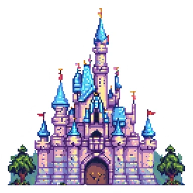 Disneyland Castle pixel art style, pastel colors sticker