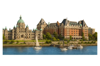 cinematic, realistic emoji of Victoria, BC skyline featuring iconic landmarks such as the British Columbia Parliament Buildings, the Fairmont Empress Hotel, and the Inner Harbour, lifelike detail, accurate colors, bright lighting, wide city view sticker