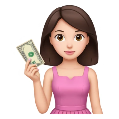 brunet Woman wearing pink dress holding dolar sticker
