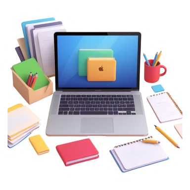 a MacBook surrounded by work files, 3D iOS icon style sticker