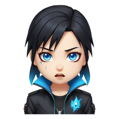 Black hair cyberpunk 2077 chibi girl with blazing blue eyes and black jacket. All emotion reactions sticker