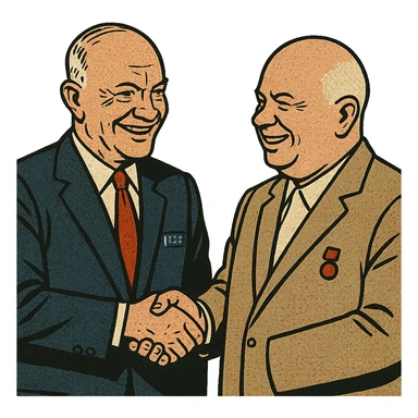 US President Eisenhower wearing a suit with a US badge on the chest shaking hands with Soviet leader Khrushchev and smiling sticker