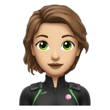 woman with green eyes, large and straight brown hair, pink diving underwater black suit gear sticker