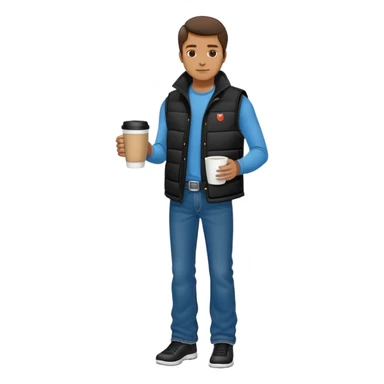 full body man with plain black puffy winter vest with no pockets over long sleeved shirt wearing straight levi boot cut levi blue jeans with no cuffs and tennis shoes holding coffee mug in his hand sticker