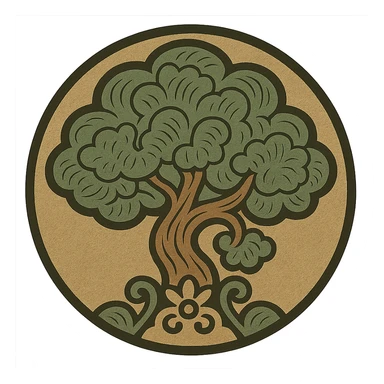 Create a round favicon version of the image showing a tree growing from the ground in Slavic folk art style. Maintain classic detail and use a traditional neutral folk art palette. The image should have a transparent background and be suitable for favicon, logo, and emoji usage. sticker