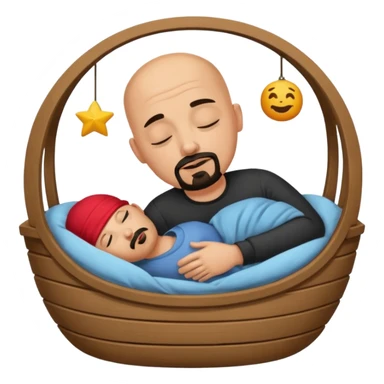 a bald, tan man who has a black goatee sleeping in a cradle sticker
