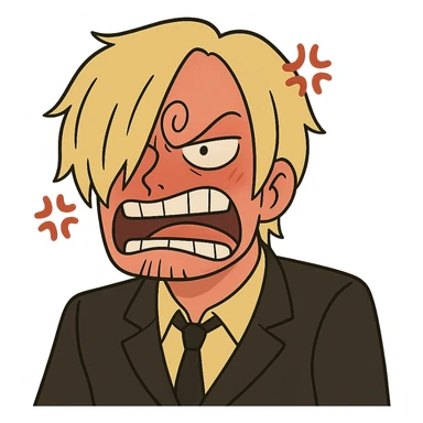 Sanji from One Piece, cartoon style, furious, curly eyebrow, blond hair, black suit, red face, comic anger marks sticker