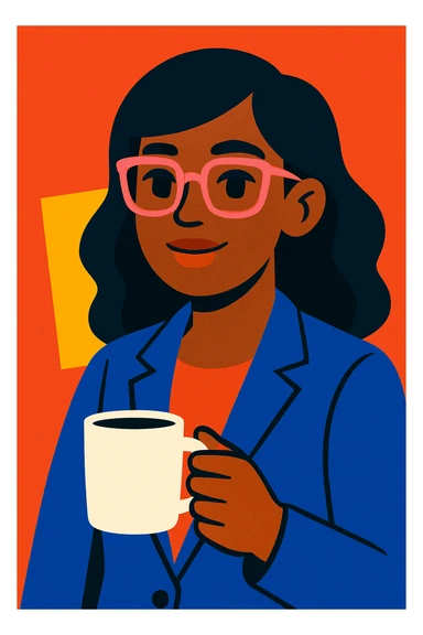 brown-skinned working woman with black hair and light pink eyeglass frames, holding a coffee cup, vibrant toon style sticker