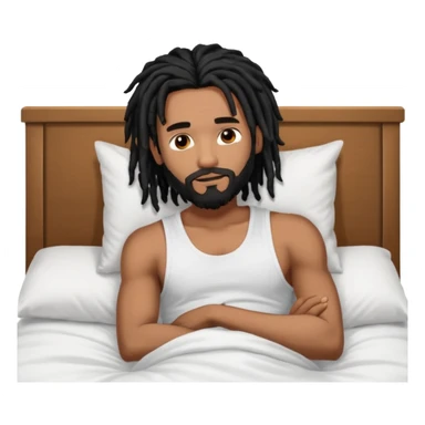 African American man with shoulder length black dreadlocks with black beard wearing a men's white tank top shirt waking up in the bed sticker