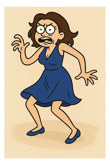 Change the dress to blue, keep the woman dancing awkwardly in the same style and pose. sticker