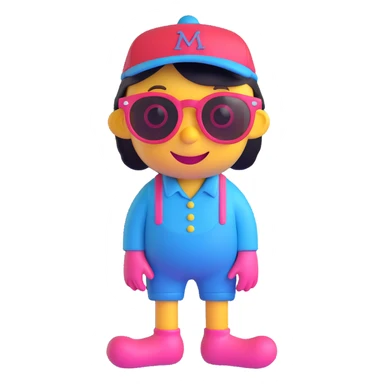 red and white character with pink eyes, wearing blue sunglasses, smiling, red socks, black and yellow hat sticker