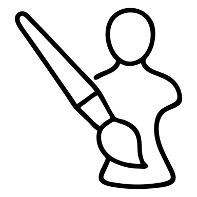 A paintbrush morphing into a polished silver human emblem sculpture silhouette, symbol of artistic identity sticker