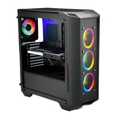Black gaming PC RGB mid-tower case with glass side panel sticker