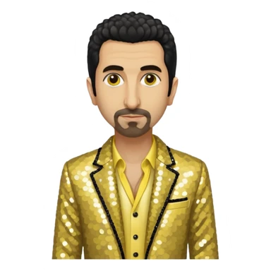 Serj Tankian with ivory sequin jacket, yellow shirt sticker