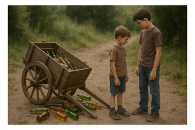 Bir g'ildiragi singan ichimliklar ortilgan arava uning yonida aka uka bir biriga havotirli nigoh bilan qarab turibdi realistik uslubda yuzi ko'rinmasin sticker