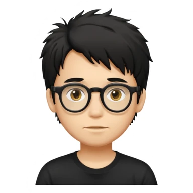 a light tan boy with messy a black hair and spectacles. wearing a black tshirt sticker
