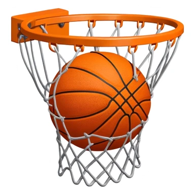 Simple orange basketball with NBA logo caught in basketball net from below perspective, iOS emoji style sticker